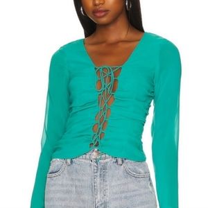Superdown Teal Chiffon Lace Up Top XS Sheer Mermaid Ruched Tayla
